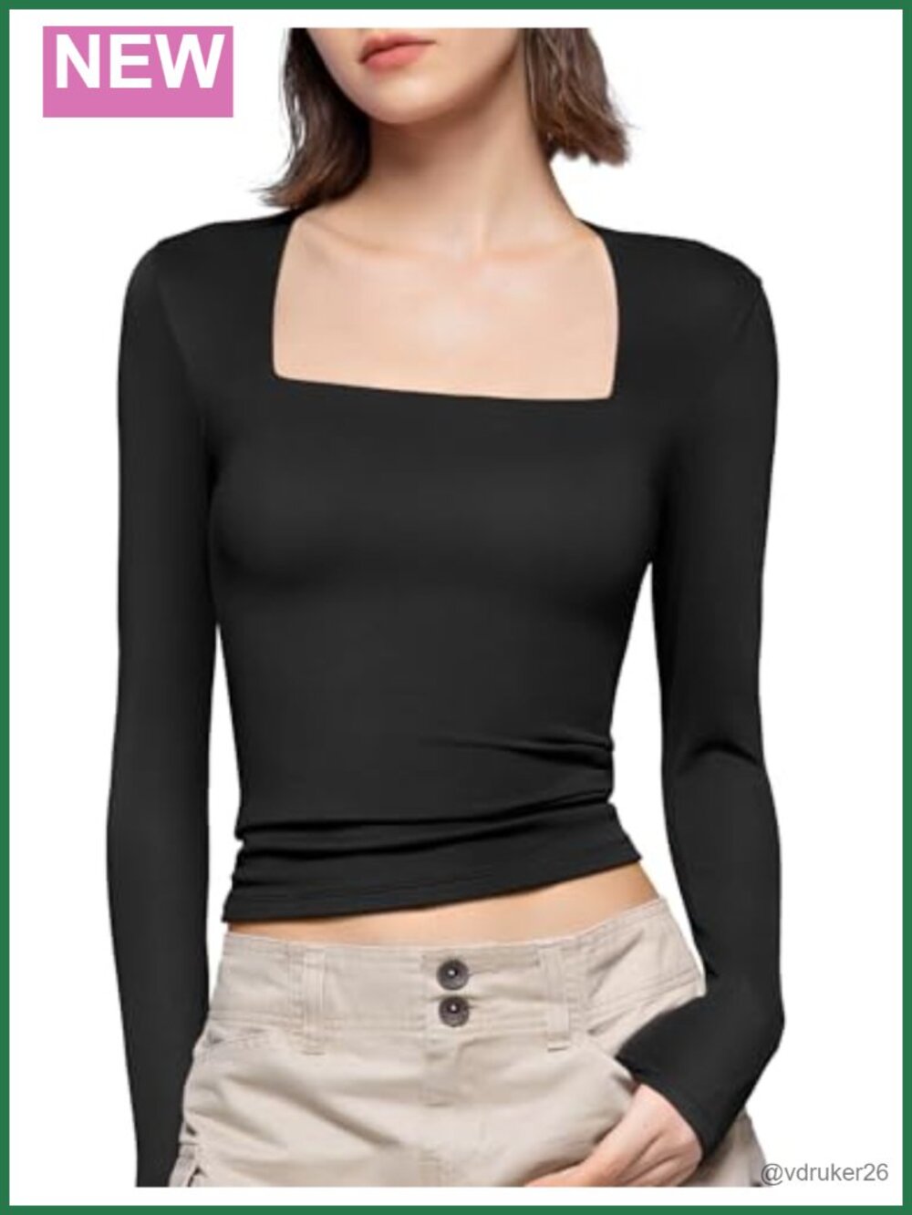 Square Neck Long Sleeve Slim Fit Tee Basic Body Hugging Top